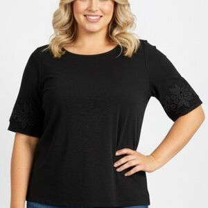 TALBOT Black Short Sleeve Top with Embroidered Sleeves.